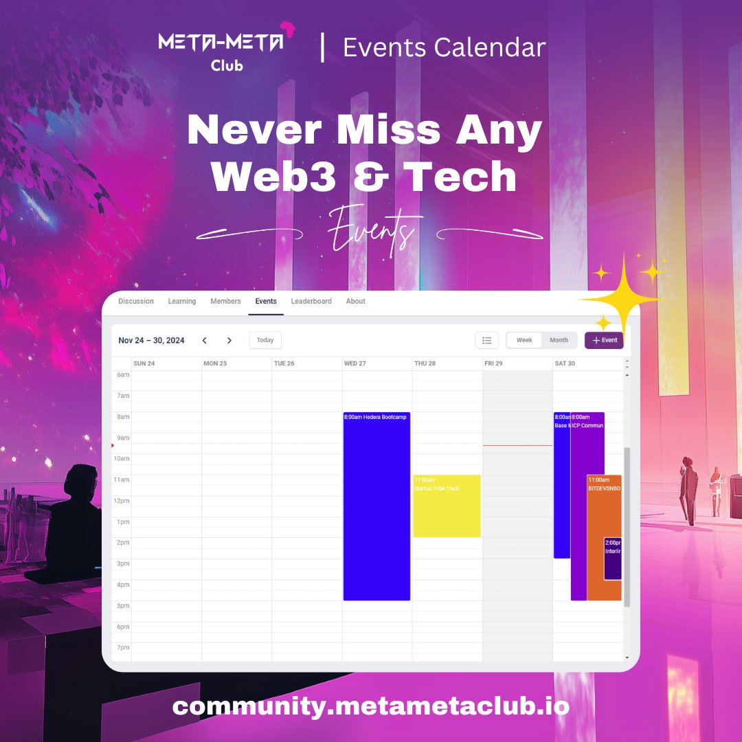 Metameta Club (@metametaclub) on Twitter photo Gm
This weekend is packed with events! 🎉 From Base meetup at <a href="/Web3Clubs/">Web3 Developer Clubs</a>, Interlink by <a href="/union_build/">Union</a> to <a href="/icphub_KE/">ICP HUB Kenya</a> Community Link Up.
Our new events calendar keeps you updated so you never miss any Web3 event again!
👉Join us - bit.ly/MetametaCommun… #Web3Events Gm
This weekend is packed with events! 🎉 From Base meetup at <a href="/Web3Clubs/">Web3 Developer Clubs</a>, Interlink by <a href="/union_build/">Union</a> to <a href="/icphub_KE/">ICP HUB Kenya</a> Community Link Up.
Our new events calendar keeps you updated so you never miss any Web3 event again!
👉Join us - bit.ly/MetametaCommun… #Web3Events