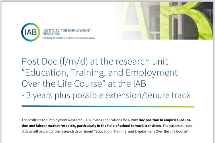 Malte Sandner (@maltesandner) on Twitter photo ✋🚨✋🚨
Post Doc vacancy at @iab_news in the department of Education, Training and Employment over the Lifecourse <a href="/AngerSilke/">Silke Anger</a>
Tenure option and great research environment!
Application deadline 16.Dec.
recruiting.arbeitsagentur.de/ba-karriere/st… ✋🚨✋🚨
Post Doc vacancy at @iab_news in the department of Education, Training and Employment over the Lifecourse <a href="/AngerSilke/">Silke Anger</a>
Tenure option and great research environment!
Application deadline 16.Dec.
recruiting.arbeitsagentur.de/ba-karriere/st…