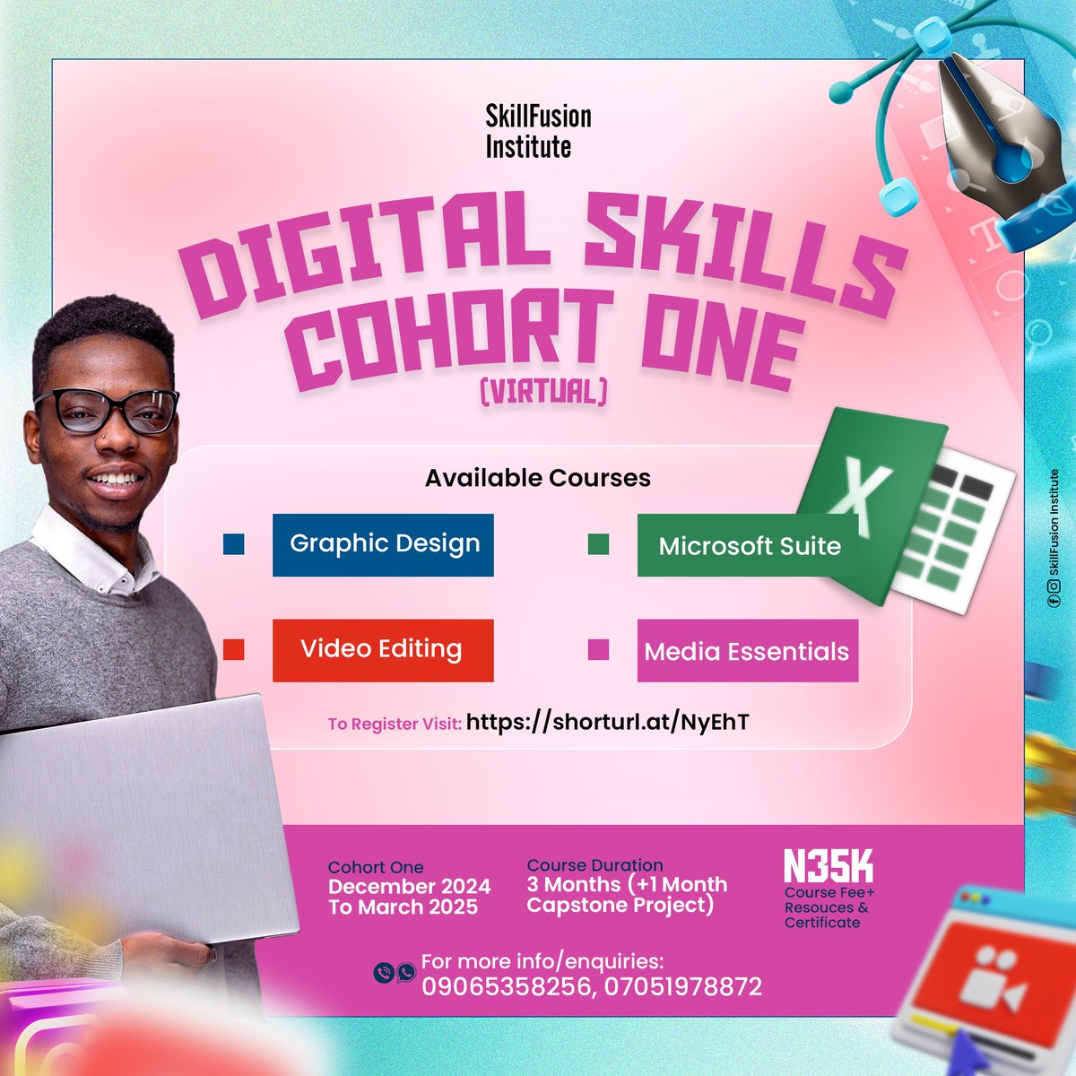 Dmarkstra's tweet photo. Welcome to SkillFusion Institute! 

 Why Choose SkillFusion?  
- Hands-on training  
- Certification upon completion  
- Access to valuable resources  

 For more info, Contact/WhatsApp: [09065358256 / 07051978872] 

#skillfusioninstitute https://t.co/V9Ql6h2dED