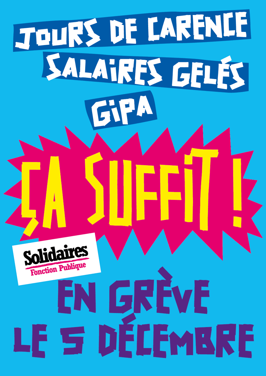 UnionSolidaires's tweet photo. 👉Parce qu’on paiera pas leur dette 
👉qu’on laissera pas notre santé au travail
👉parce qu’on exige le retrait des 3 jours de carence, qu’on veut 100% de notre salaire quand on est malade, et qu’on veut enfin être revalorisé•e
🔥Toutes et tous en grève le #5décembre 🔥
@solidaires