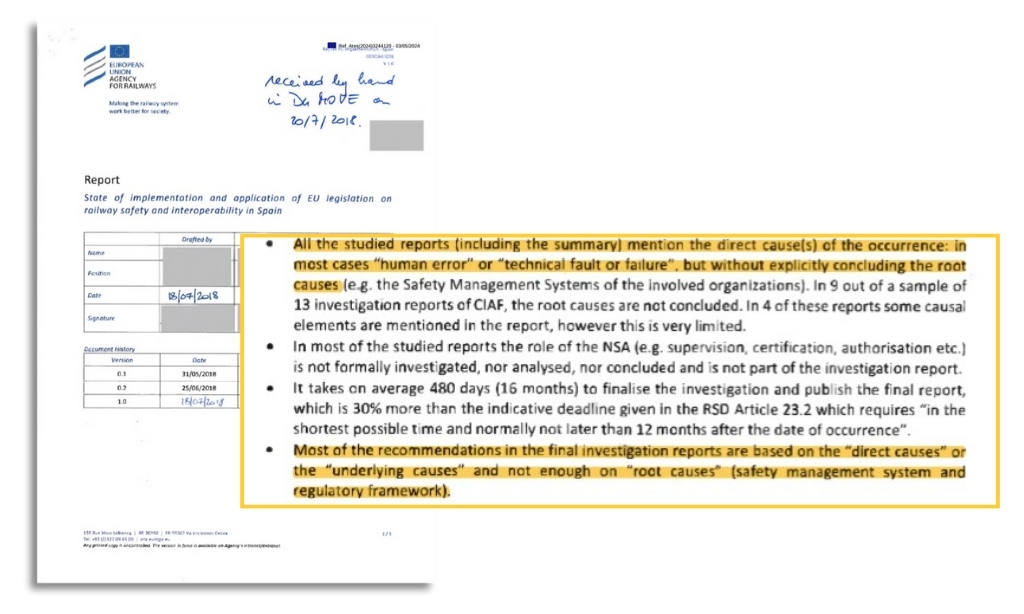 <a href="/victimastren/">victimastrensantiago</a> A Axencia Ferroviaria Europea constatou nas autoridades ferroviarias españolas a "ausencia dunha análise das causas profundas dos accidentes" e evidenciou que sinalaban "sistematicamente o erro  humano" como "principal factor" praza.gal/politica/sae-a…