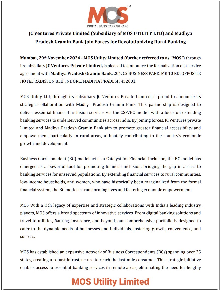 ManishK46113331's tweet image. 🚨#MosUtility

JC Ventures Private Limited (Subsidiary of MOS UTILITY LTD) and Madhya Pradesh Gramin Bank Join Forces for Revolutionizing Rural Banking

Incorporated in 2009, MOS Utility Ltd is a fintech company which offers a Unified Open API and Wallet platform