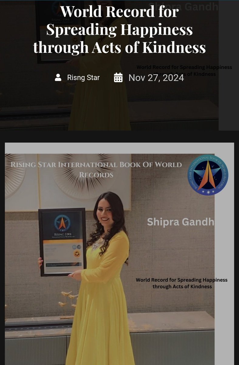 ShipraGandhi143's tweet image. &quot;Thrilled to share that we have made it to the Rising Star International Book of Records for our dedication to spreading happiness and transforming lives through acts of kindness! 🌟✨ #ProudMoment #InternationalRecognition #SpreadingHappiness&quot;