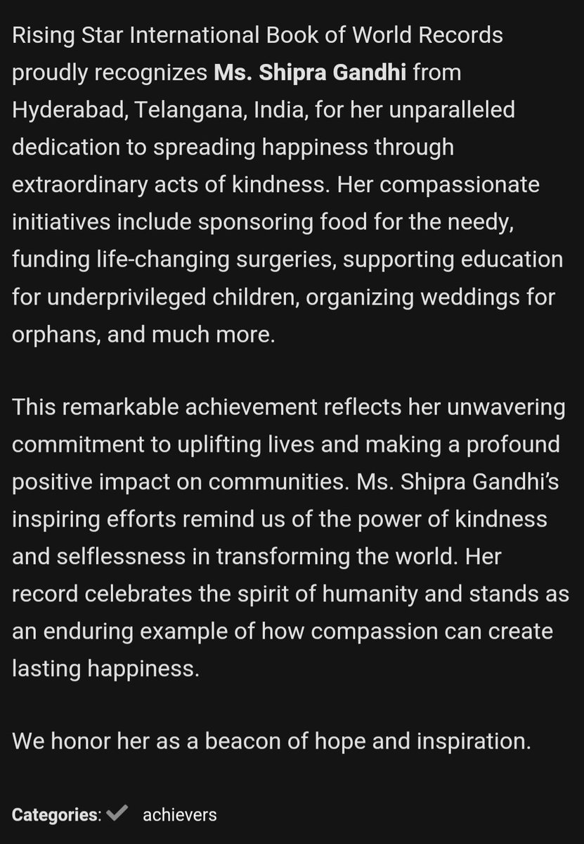 ShipraGandhi143's tweet image. &quot;Thrilled to share that we have made it to the Rising Star International Book of Records for our dedication to spreading happiness and transforming lives through acts of kindness! 🌟✨ #ProudMoment #InternationalRecognition #SpreadingHappiness&quot;