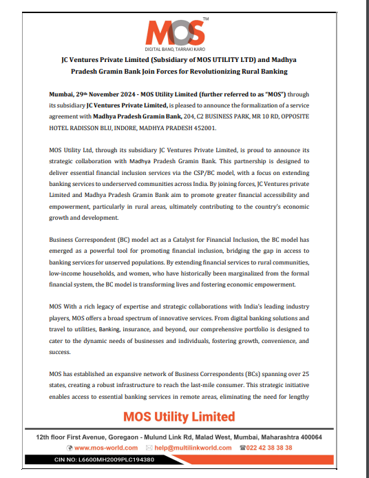 sachprat07's tweet image. #SME #MOS #MOSUTILITY
MOS UTILITY

✨JC Ventures (Subsidiary of MOS) &amp;amp; Madhya Pradesh Gramin Bank Join for Revolutionizing Rural Banking ✨

👉Deliver essential financial inclusion services via the CSP/BC model
👉Focus on extending banking services to underserved communities