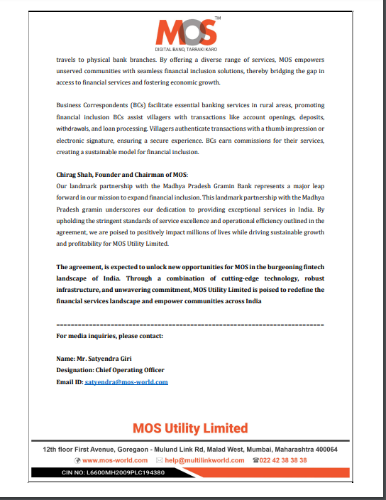 sachprat07's tweet image. #SME #MOS #MOSUTILITY
MOS UTILITY

✨JC Ventures (Subsidiary of MOS) &amp;amp; Madhya Pradesh Gramin Bank Join for Revolutionizing Rural Banking ✨

👉Deliver essential financial inclusion services via the CSP/BC model
👉Focus on extending banking services to underserved communities