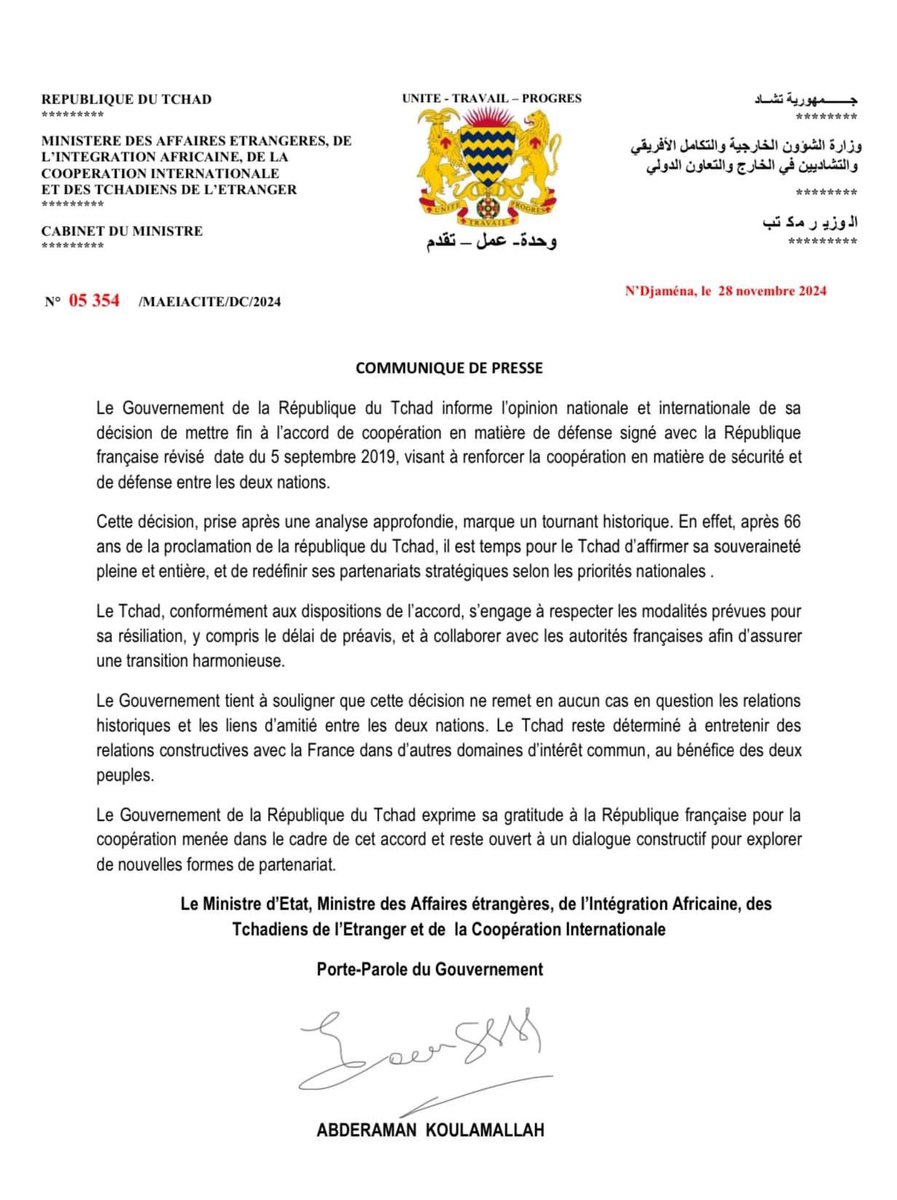 🇹🇩❌🇫🇷| Chad anunció que pondría fin a los acuerdos de seguridad y defensa con Francia. Ésto se produjo pocas horas después de una visita del jefe de la diplomacia francesa, Jean -Noël Barrot.