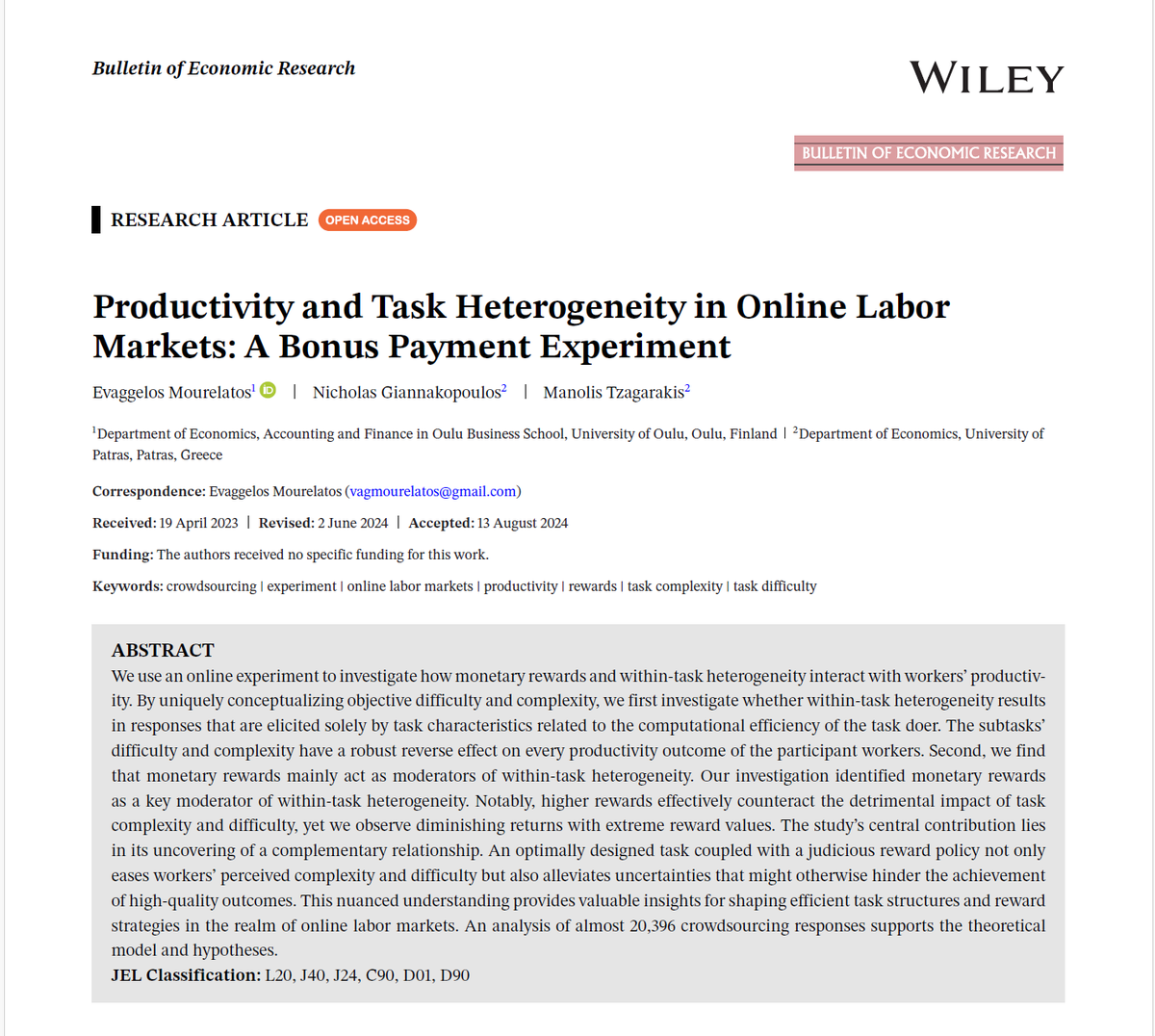 Happy to share my latest publication, co-authored with Nicholas Giannakopoulos and Manolis Tzagarakis, in the Bulletin of Economic Research Journal (ABS 2*):
Paper Link: onlinelibrary.wiley.com/doi/epdf/10.11…