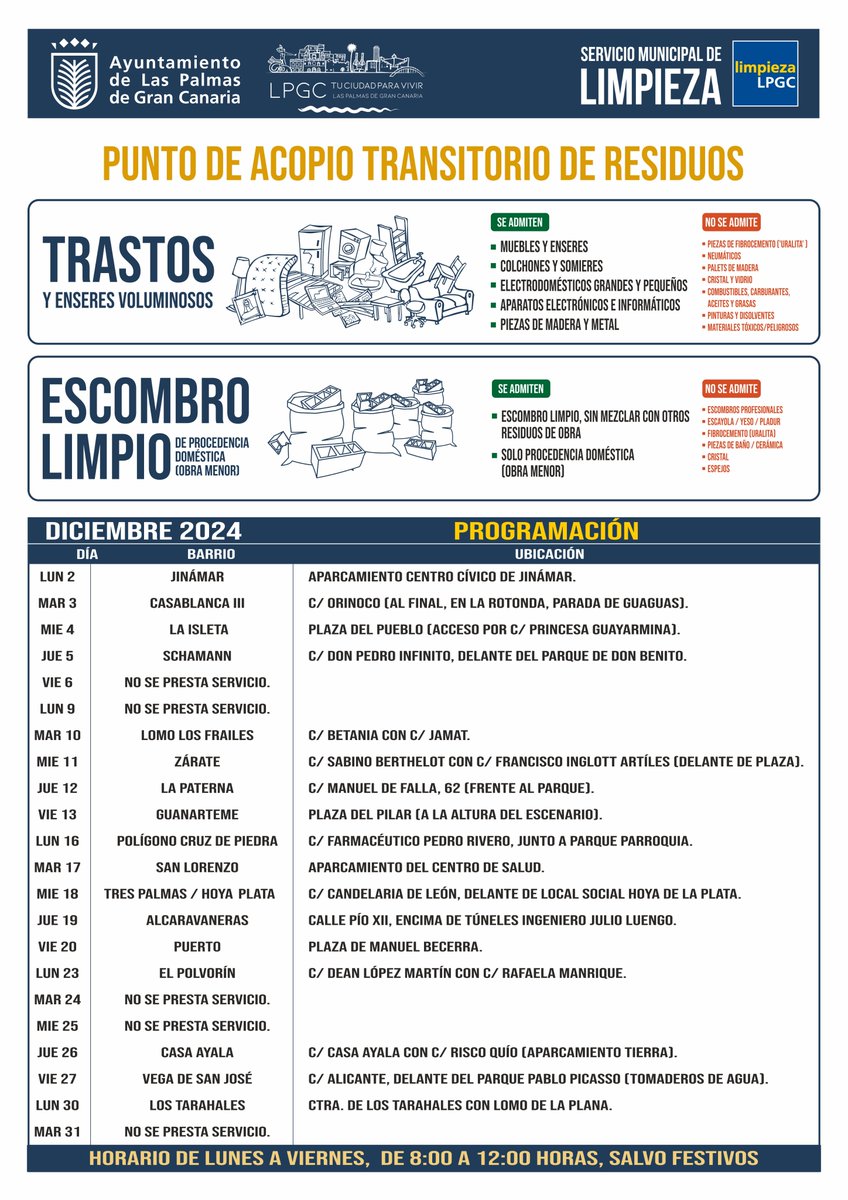 LimpiezaLPGC's tweet image. ¿Tienes #trastos y #escombros domésticos (limpios)?

Utiliza nuestro punto itinerante de recogida para deshacerte de ellos. Cada día estaremos en un barrio.

Consulta la programación, horario y residuos/cantidades admitidas y en la web municipal 👇🏼 bit.ly/3RDg3oJ #PATR