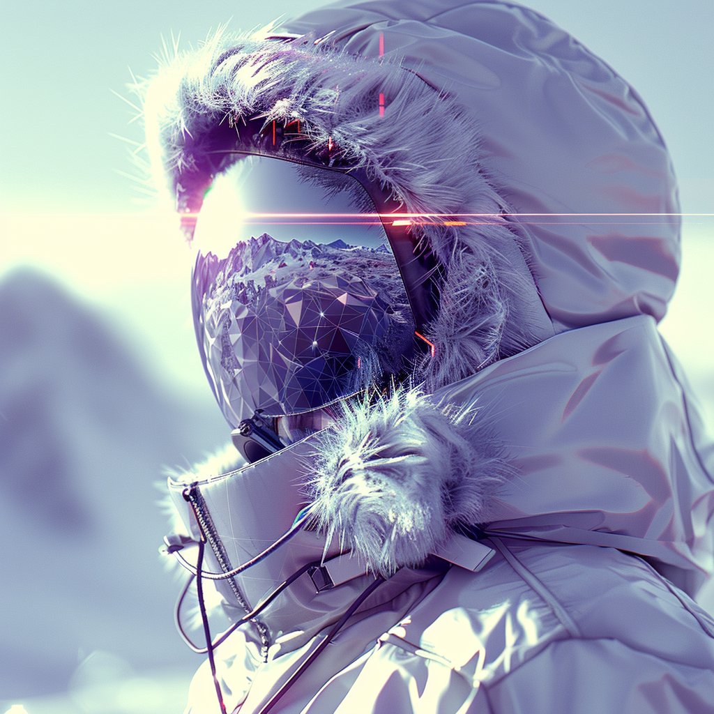 AI generated image: 2This digital artwork depicts a close-up of a person in a snow-covered landscape, wearing a white, p