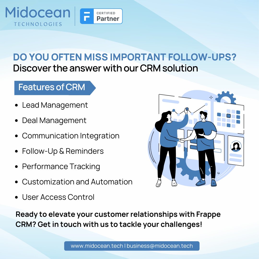 MidoceanTech's tweet photo. 🌟 Are you struggling to keep track of important follow-ups? 🌟 

👉 Reach out to learn more! https://t.co/fkbDtpooNC

#CRM #ClientManagement #BusinessSuccess #FollowUpEfficiency #ERPNext #Frappe https://t.co/Dtta3niPFZ