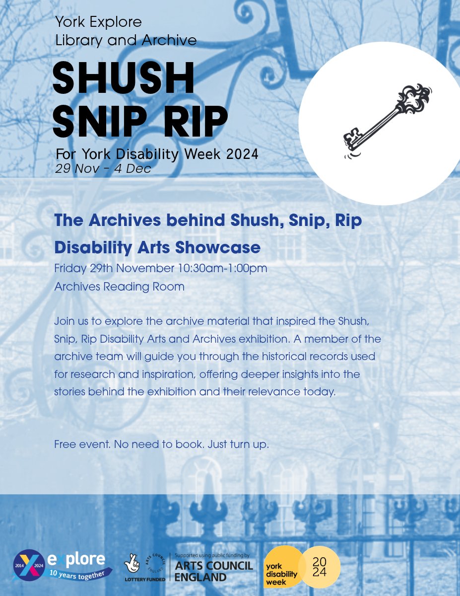 YorkExplore's tweet image. 📜Today in the Archives Reading Room!📜
The Archives behind Shush, Snip, Rip - 10:30am – 1:00pm
Join us to explore the archive material that inspired the Shush, Snip, Rip Disability Arts and Archives exhibition.
No need to book, just turn up!
@YorkArchivesUK @YorkDisability