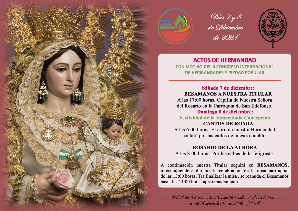 𝗔𝗖𝗧𝗢𝗦 𝗗𝗘 𝗛𝗘𝗥𝗠𝗔𝗡𝗗𝗔𝗗 | 𝗗𝗜𝗔𝗦 𝟳 𝗬 𝟴 𝗗𝗘 𝗗𝗜𝗖𝗜𝗘𝗠𝗕𝗥𝗘 𝟮𝟬𝟮𝟰

Actos programados para los días 7 y 8 de diciembre del presente año con motivo del II Congreso Internacional de Hermandades y Piedad Popular.
#hermandaddelrosariodemairena