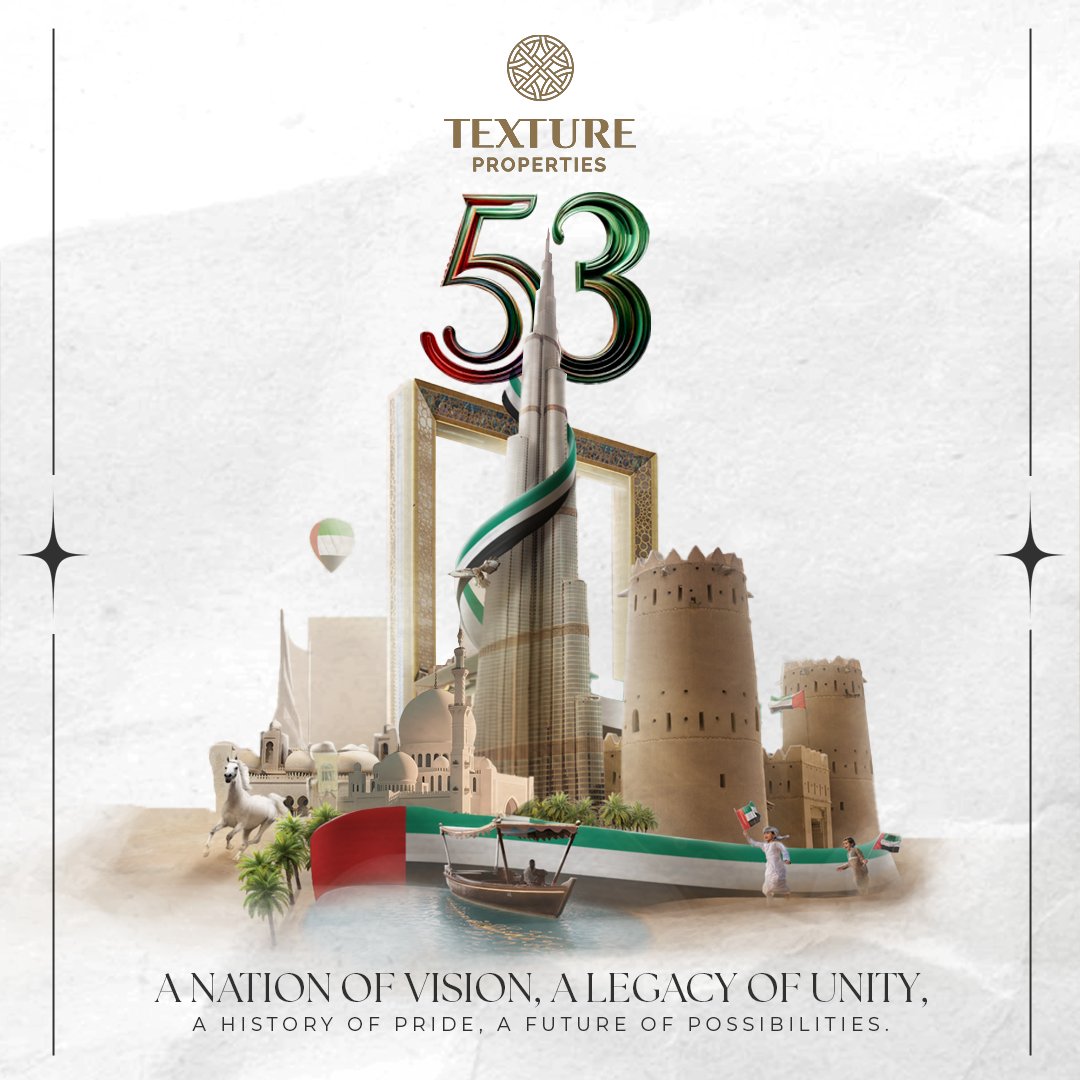 textureuae's tweet image. Celebrating 53 years of pride, unity, and vision. 🇦🇪 A nation built on history, driven by possibilities. Happy UAE National Day! 🎉 
#UAENationalDay #YearOfSustainability #TextureProperties #53Years