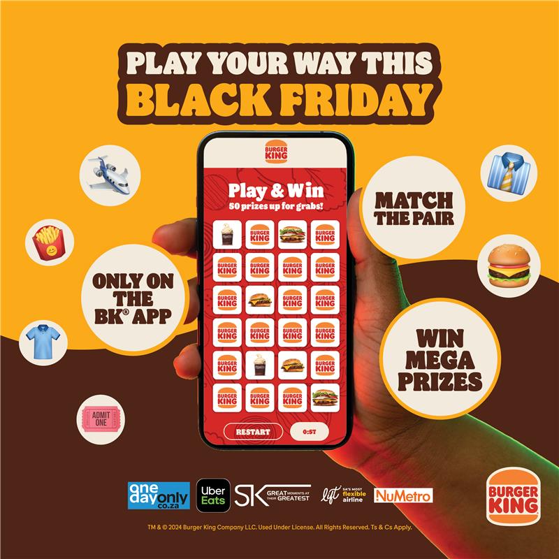 BurgerKingZA's tweet photo. It's Black Friday (hip hip hooray) and the final day to PLAY YOUR WAY in the BK® App to win big! Swipe to the App now...and avoid FOMO. #blackfriday #bkapp #game #winbig @numetro, @ster-kinekor, @onedayonly and @ubereats https://t.co/e2pn22ERPH