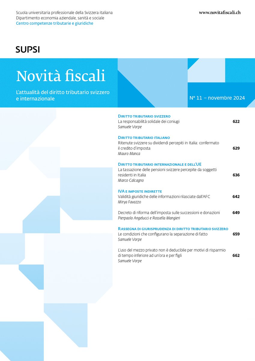 📖 Il numero di novembre della 𝐑𝐢𝐯𝐢𝐬𝐭𝐚 𝐧𝐨𝐯𝐢𝐭𝐚̀ 𝐟𝐢𝐬𝐜𝐚𝐥𝐢 è appena stato pubblicato.

🔎 Per consultarlo è sufficiente registrarsi al sito internet e sottoscrivere uno dei nostri abbonamenti: novitafiscali.ch