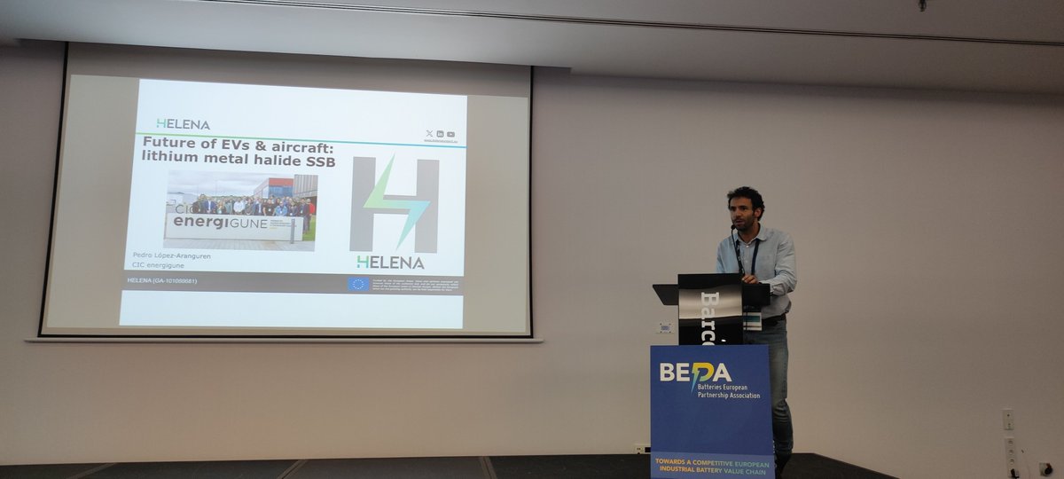 HELENAProjectEU's tweet image. ✈️⚡️Yesterday, Pedro López-Aranguren represented the HELENA Project at the @bepa_eu Brokerage Event, presenting “Future #EV &amp;amp; Aircraft #Batteries: #Lithium Metal Halide SSB.”🚗✈️
He showcased advances in halide-based #solidstate #battery tech for #electricVehicles &amp;amp; #aviation.🔋