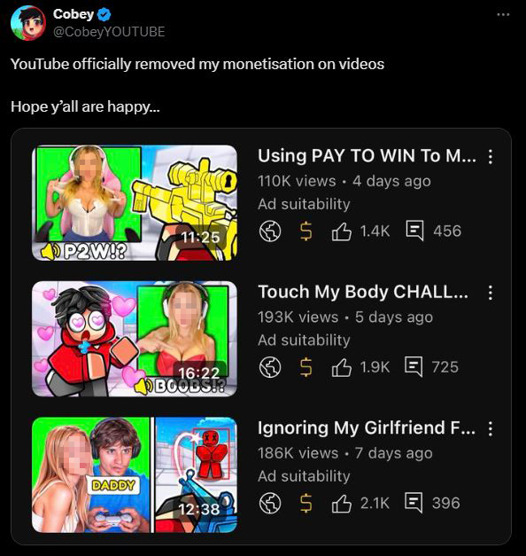 zman1064's tweet photo. Hey @TeamYouTube, I think you guys should be aware of a user on your platform @CobeyYOUTUBE; he has been making sexual and inappropriate content targeted at minors. This is 100% against YouTube Terms of Service. He's already been fully demonetized but keeps making new channels. https://t.co/zoIzBcqxkx