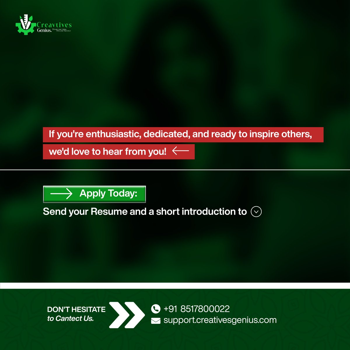 We're Hiring! Join the Creatives Genius Team 🌟

#Hiring #JobOpportunity #PersonalityDevelopment #Instructor #GunaMP #JoinOurTeam #CreativesGenius