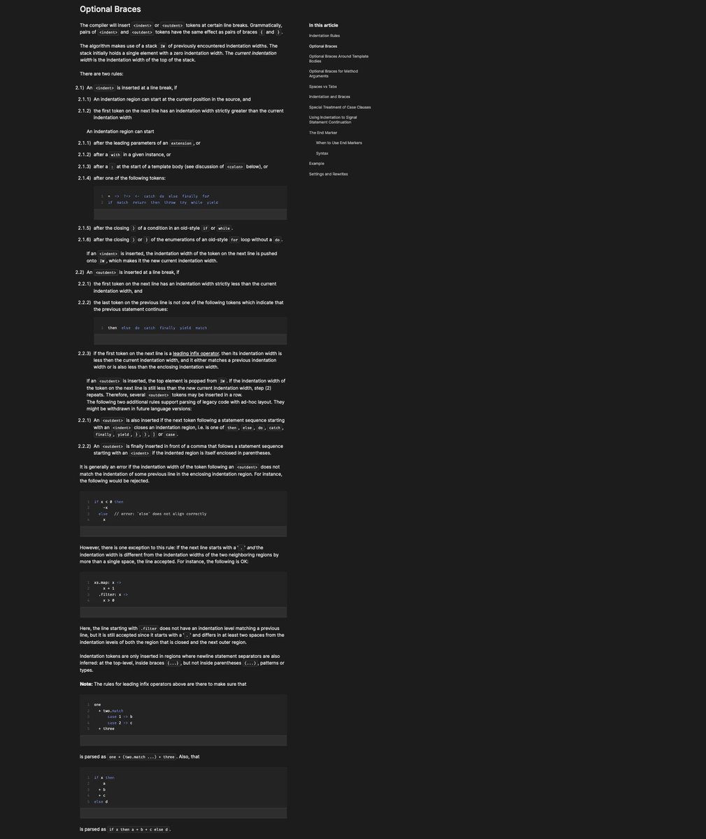 If you are new to scala and want to learn new indentation-based syntax instead of obsolete one with braces, you need just two things
1. Learn the old syntax
2. Read these rules