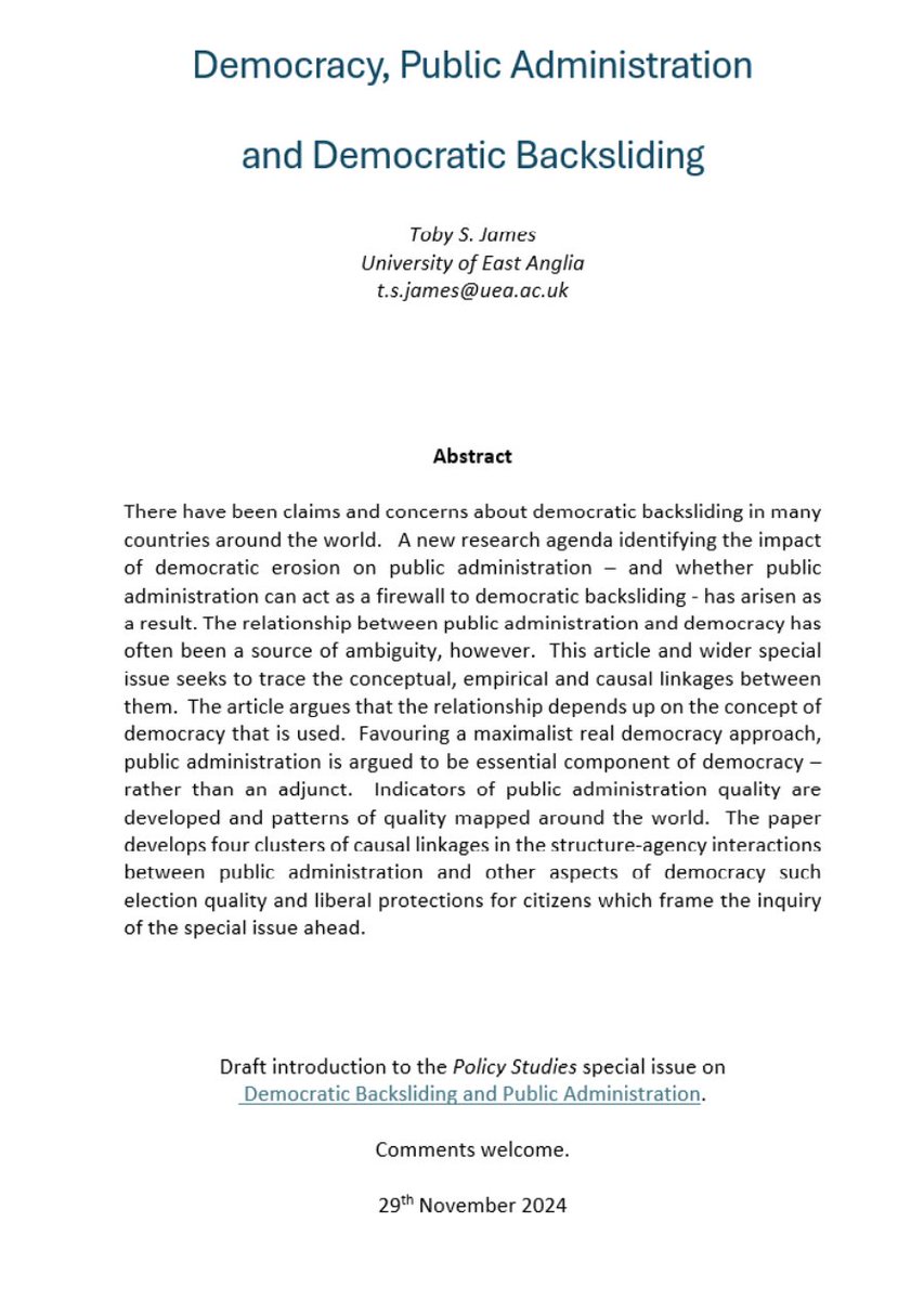 What is the connection between democracy, public administration and democratic backsliding?

The draft introduction for the <a href="/PolicyStudiesTF/">Policy Studies</a> special issue is available below. 

Comments welcome!  Papers for the special issue and more analysis to follow...

tobysjames.com/democratic-bac…