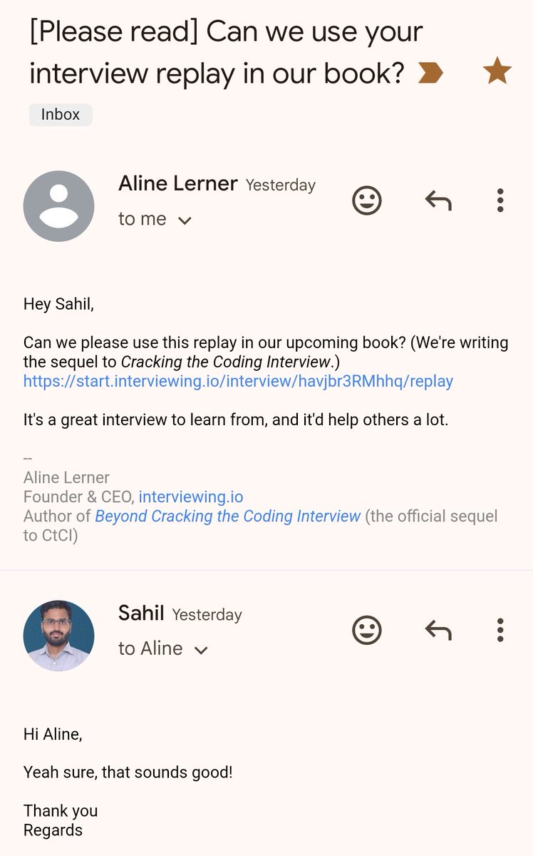 SahilBansal11's tweet image. Excited to have a mock coding interview in which I was an interviewee to be used in the upcoming book, Beyond cracking the coding interview (official sequel to CTCI by @gayle) by @alinelernerLLC, the founder of interviewing.io 🎉😀 
#crackingthecodinginterview