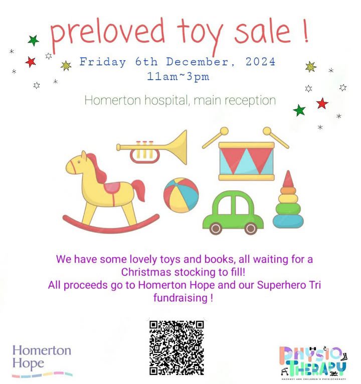 Hackney Ark Children’s Physiotherapy (@harkphysio) on Twitter photo If you need a gift for a child this Dec, come visit our preloved toy sale next Friday 6th Dec! <a href="/NHSHomerton/">HHFT</a> main reception! All proceeds go to <a href="/HomertonHope/">Homerton Hope</a> and getting to <a href="/SuperheroTri/">SuperheroSeries</a> next year! If you need a gift for a child this Dec, come visit our preloved toy sale next Friday 6th Dec! <a href="/NHSHomerton/">HHFT</a> main reception! All proceeds go to <a href="/HomertonHope/">Homerton Hope</a> and getting to <a href="/SuperheroTri/">SuperheroSeries</a> next year!