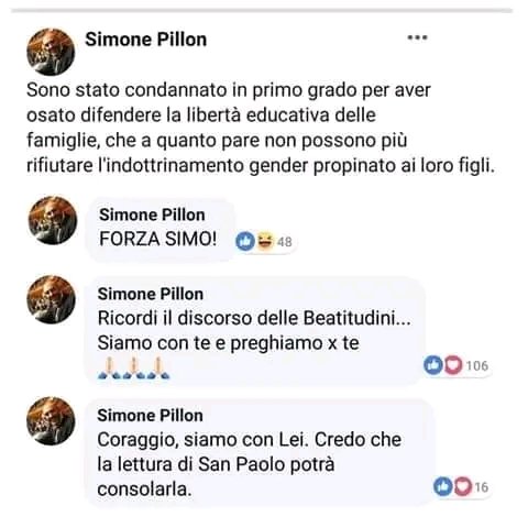 Per nn dimenticare 
Il Senatore Pillon viene condannato x diffamazione nei confronti della comunità LGBT.
Corre su FB x manifestare il suo disaccordo.
Dimentica xò di cambiare account e usare gli account fake utilizzati x fare propaganda digitale, e si fa i  complimenti da solo