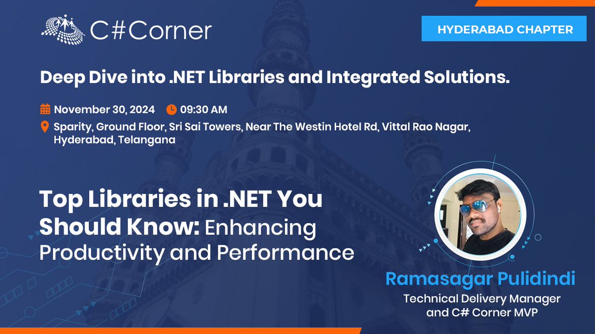 CsharpCorner's tweet photo. Unlock the secrets to better performance in .NET!
Join @RamaSagarP at the @CsharpCorner Hyderabad Chapter Meet as he shares must-know libraries to supercharge your development.

Register now: https://t.co/G43T17mSBw 

#DOTNET #TechMeet #HyderabadTech #CsharpCorner https://t.co/pVtbx01xuD