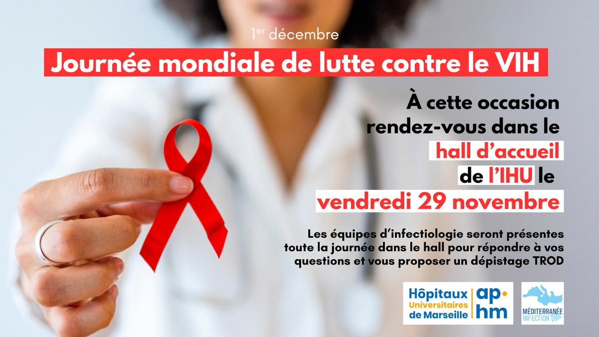 📍Aujourd’hui, à l’occasion de la prochaine journée mondiale de lutte contre le sida, les équipes d’infectiologie seront présentes dans le hall d’accueil toute la journée pour répondre à vos questions et proposer un dépistage TROD. 
Ils vous attendent !