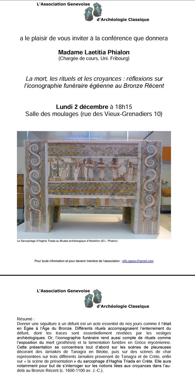 Conférence à ne pas manquer, lundi 2 décembre, organisée par l'association genevoise d'archéologie classique (que j'ai la chance de présider depuis peu).
L. Phialon nous parlera de ses recherches sur l'iconographie funéraire au Bronze Récent. 
Ouvert à toute personne intéressée !