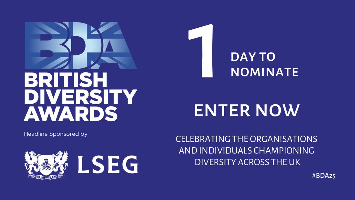 🚨 Last day to nominate! From Hero of the Year to Charity of the Year, join us in celebrating leaders in DEI. Submit your #BDA25 nomination NOW! britishdiversityawards.com