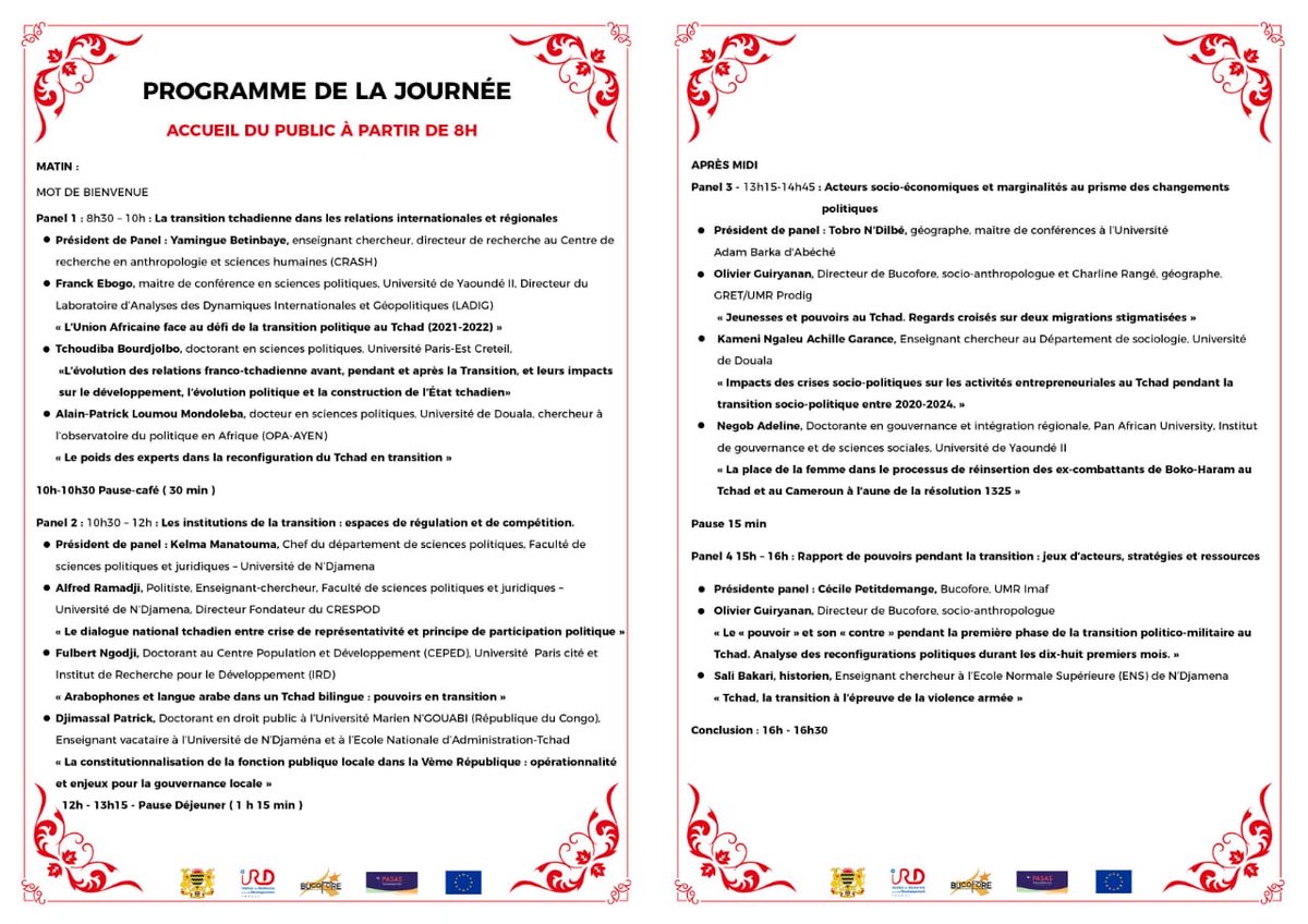 bucofore's tweet photo. Les communications dans le cadre de la journée d’étude internationale, sous le thème: "Transformations et Reconfigurations du Tchad en transition (2021-2024)", se tiendront le mardi 03 décembre 2024 au Centre National de Recherche pour le Développement (CNRD) de 08h30 à 16h30. https://t.co/kAUQLOujF7