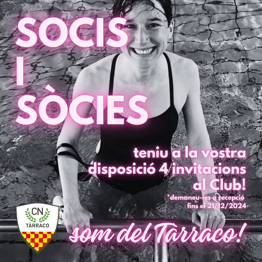 SOCIS I SÒCIES 🤜🤛
Som del Tàrraco!

Teniu a la vostra disposició 4 invitacions al Club! Demaneu-les a recepció, i convideu a les vostres amistats i familiars a compartir grans moments al Tàrraco!

Demana les entrades a la recepció del Club fins el 21 de desembre!