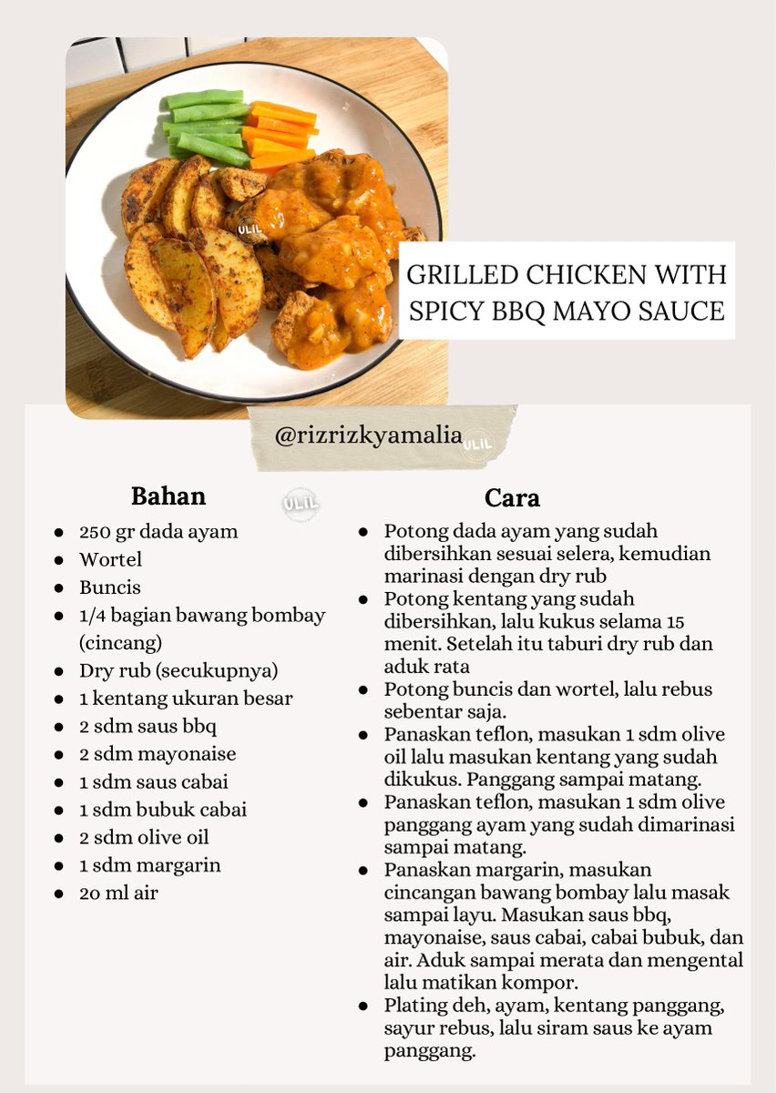 rizrizkyamalia's tweet photo. Resep Grilled Chicken With Spicy Bbq Mayo Sauce (ala aku)

Ini rasanya tuh pedes seger gitu, resepnya bisa dibilang satset menurutku ya. Semoga bisa bermanfaat ☺️ https://t.co/mtS0ZLbzkt