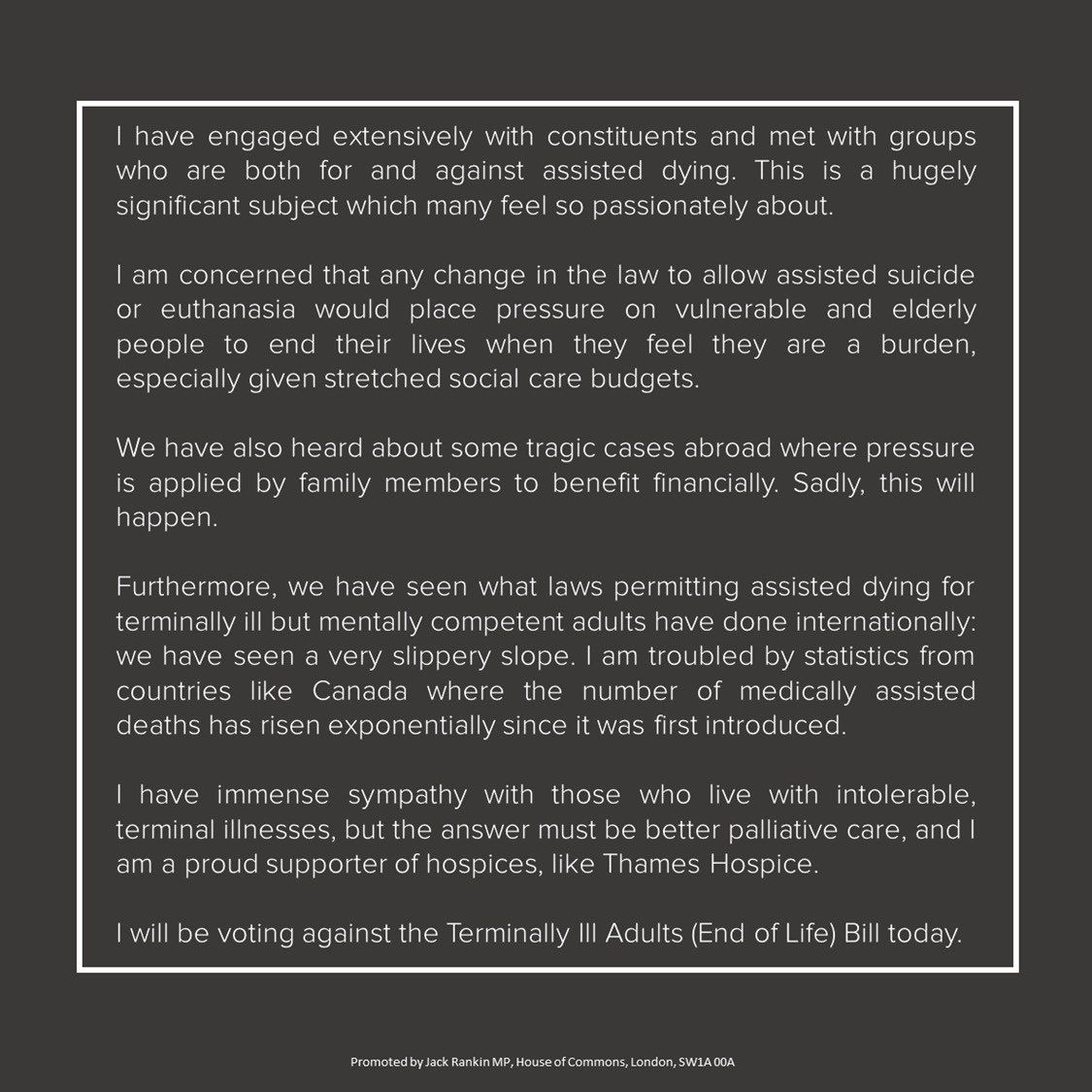 How I am voting on the Terminally Ill Adults (End of Life) Bill today.