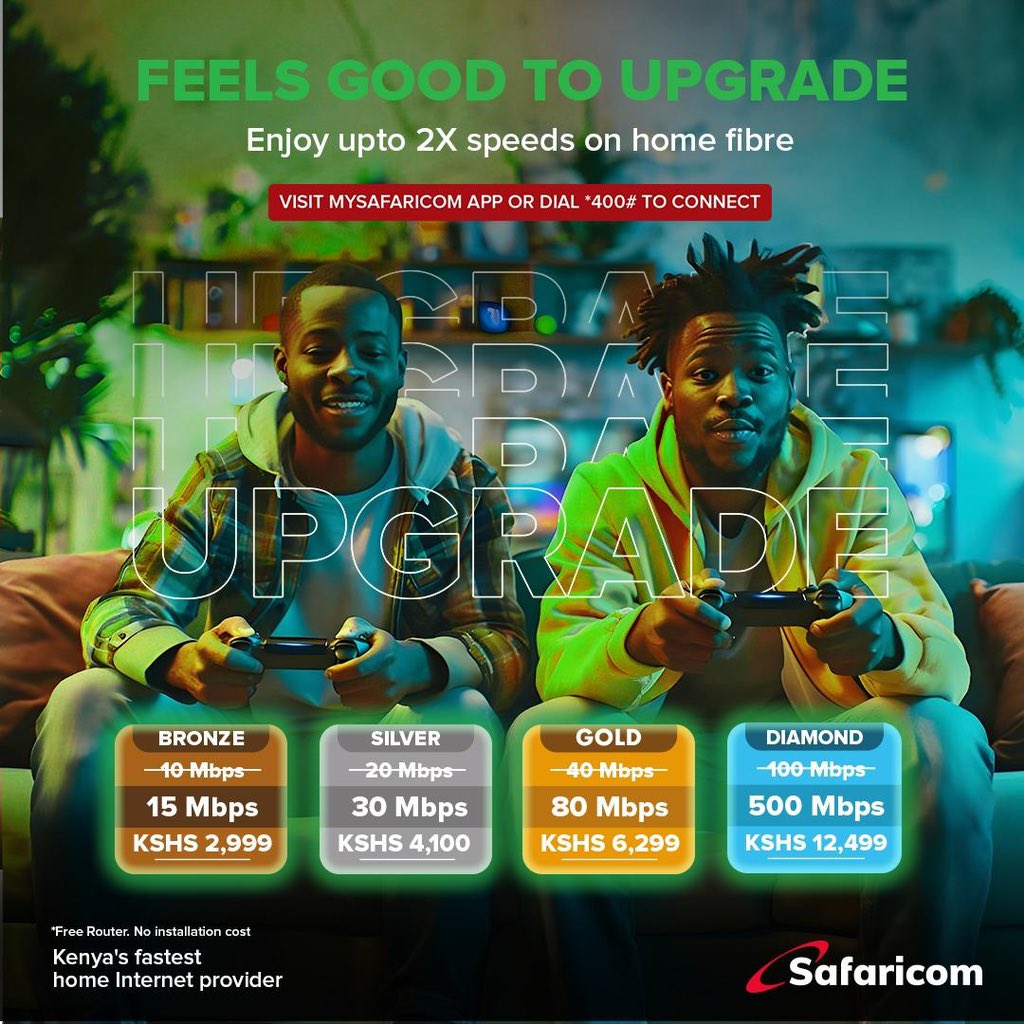 Safaricom has upgraded home fibre speeds AT NO EXTRA COST! Free Installation + Free router Fibre to Home customers. Free relocation &amp; use it for gaming .For increased speeds visit internet.Safaricom.co.ke. New users dial*400#
#FeelsGoodToBeHome #FeelsGoodToUpgrade <a href="/SafaricomPLC/">Safaricom PLC</a>