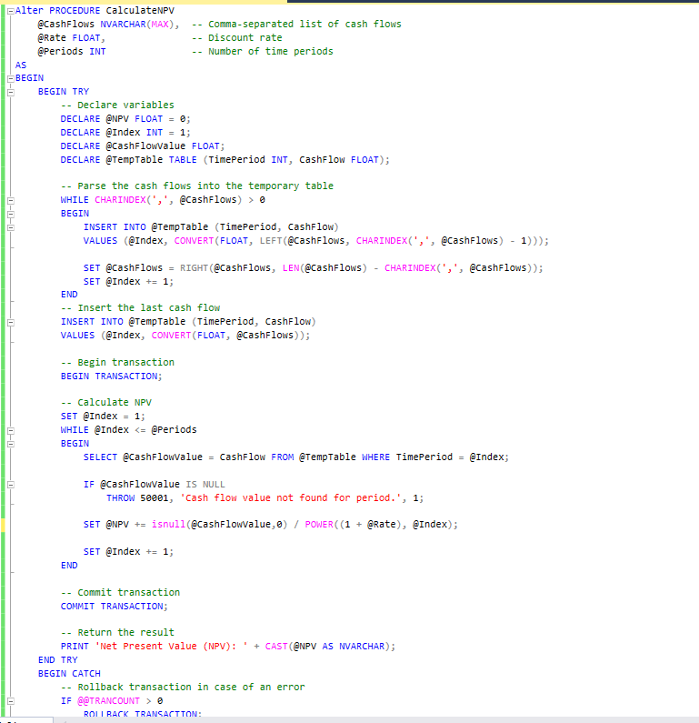 lawid3001's tweet photo. I write beautiful SQL scripts. The idea behind this is to come up with a process that calculates NPV using list of cashflows, rates and the number of periods. the first 2 frames are the scripts 

@iam_daniiell @AnalystsLeague @RxData_ @ibn_wittig @JA_Olaoye https://t.co/1OX3Wkswr8