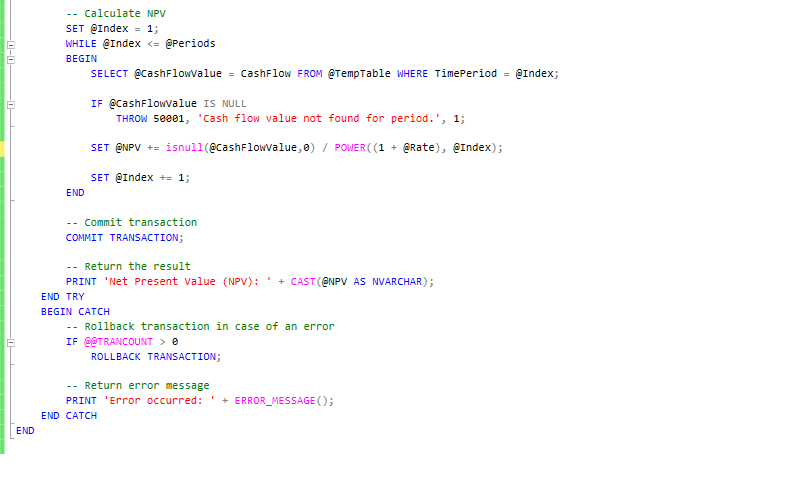 lawid3001's tweet photo. I write beautiful SQL scripts. The idea behind this is to come up with a process that calculates NPV using list of cashflows, rates and the number of periods. the first 2 frames are the scripts 

@iam_daniiell @AnalystsLeague @RxData_ @ibn_wittig @JA_Olaoye https://t.co/1OX3Wkswr8