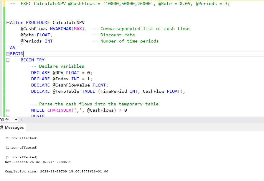 lawid3001's tweet photo. I write beautiful SQL scripts. The idea behind this is to come up with a process that calculates NPV using list of cashflows, rates and the number of periods. the first 2 frames are the scripts 

@iam_daniiell @AnalystsLeague @RxData_ @ibn_wittig @JA_Olaoye https://t.co/1OX3Wkswr8