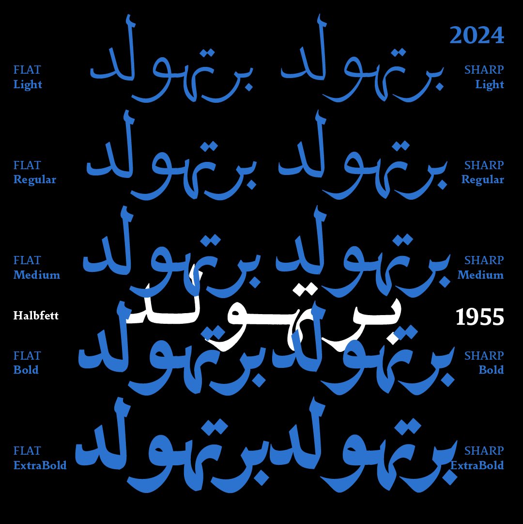 Berthold Arabisch’s Halftrack Nr. 49 (1955) is compared to the 29LT Idris (2024). 
Delve deeper into the research conducted on Berthold Arabisch’s Halftrack Nr. 49 and the design process of the 29LT Idris by referring to the blog posts titled “29LT Idris: A Naskh Type System.”