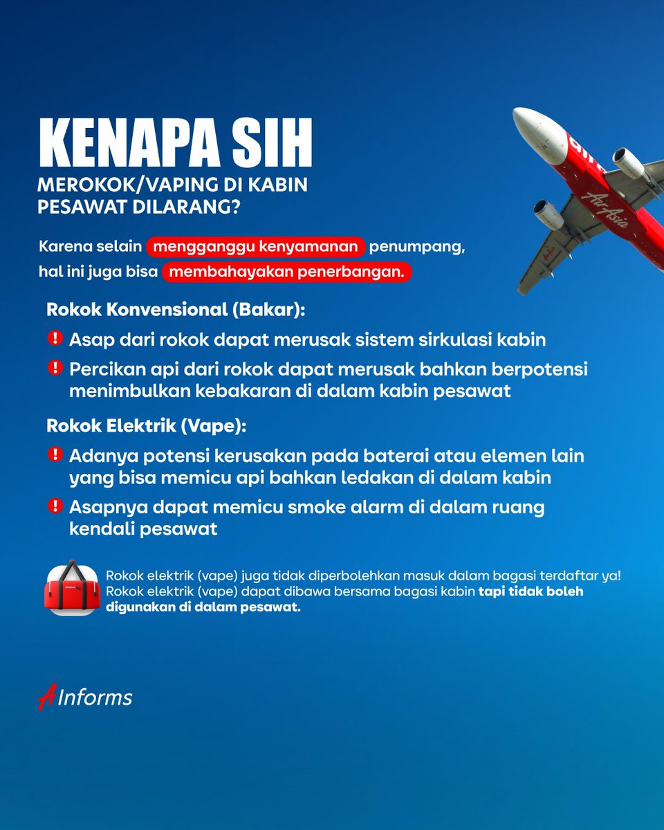 airasia_indo's tweet photo. Berdasarkan SE 12 DJPU Tahun 2024, ada ketentuan penting soal penggunaan dan membawa vape/rokok elektronik dalam penerbangan. Yuk, cek di #AirAsiaInforms! Ingat, #FlyAirAsia & #SafetyFirst βοΈπ«Άπ» https://t.co/putbo58dv5