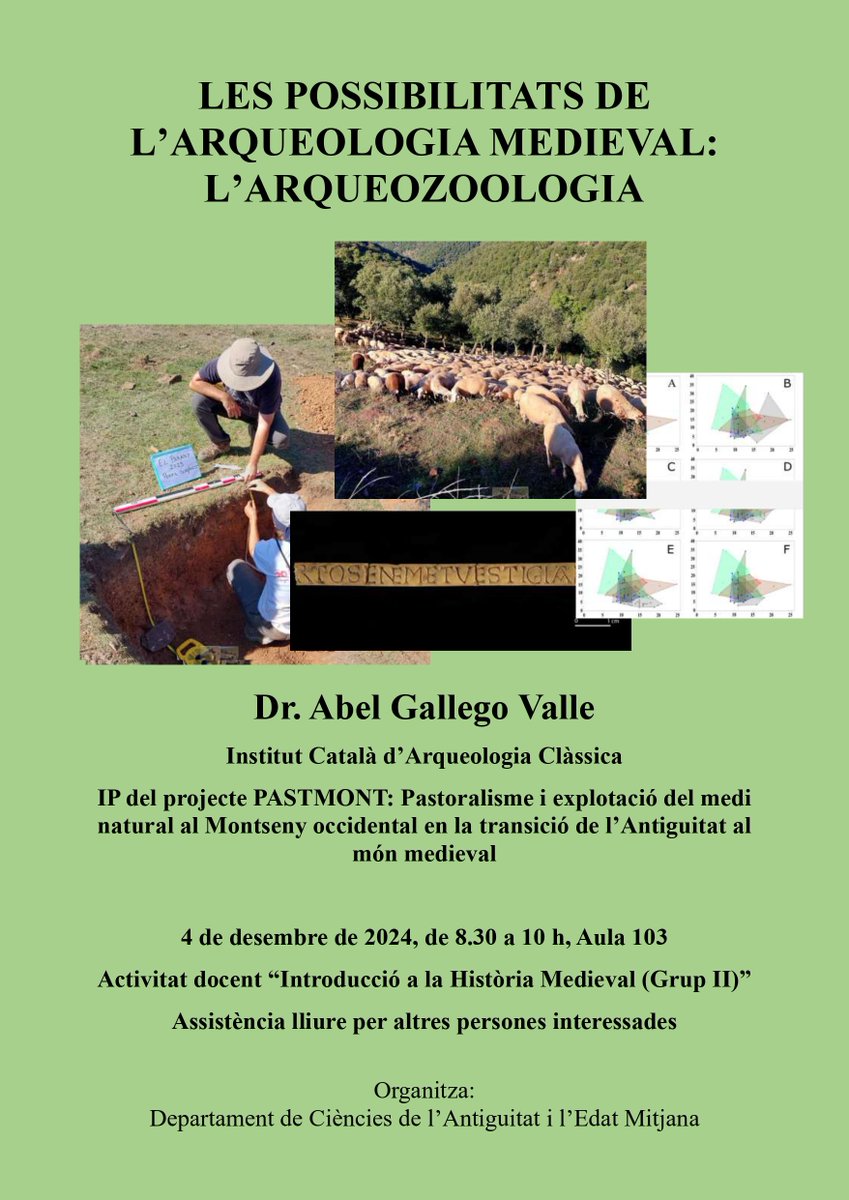 📢On December 4th at 8:30am <a href="/AGallego_Valle/">Abel Gallego-Valle</a> will hold the seminar "LES POSSIBILITATS DE L'ARQUEOLOGIA MEDIEVAL: L'ARQUEOZOOLOGIA", at the Department of Antiquity and the Middle Ages Sciences of the <a href="/UABBarcelona/">Universitat Autònoma de Barcelona</a>. Event open to everyone! #Zooarchaeology <a href="/ICAC_cat/">ICAC-CERCA, Institut Català d'Arqueologia Clàssica</a> #SomCERCA
👇