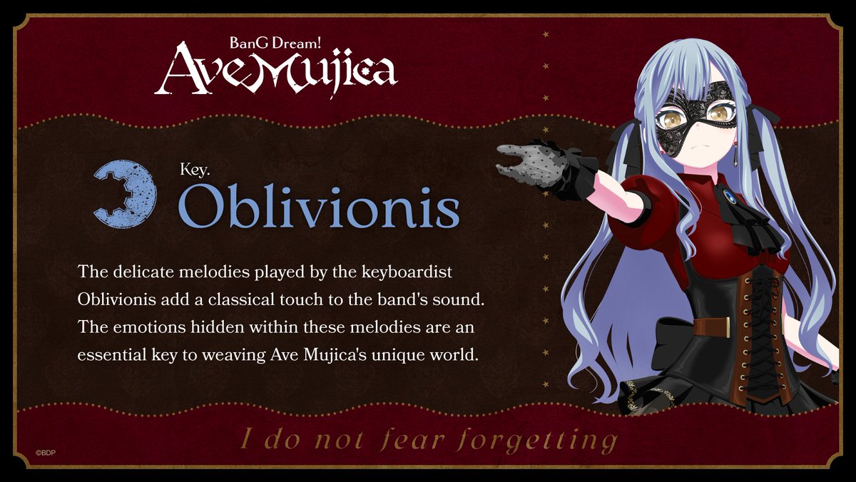 bangdream_en's tweet photo. 🎭Character Introduction
🎹Oblivionis
VA: Kanon Takao

Meet Oblivionis, the keyboardist of Ave Mujica.

#AveMujica https://t.co/gobYgabfGB