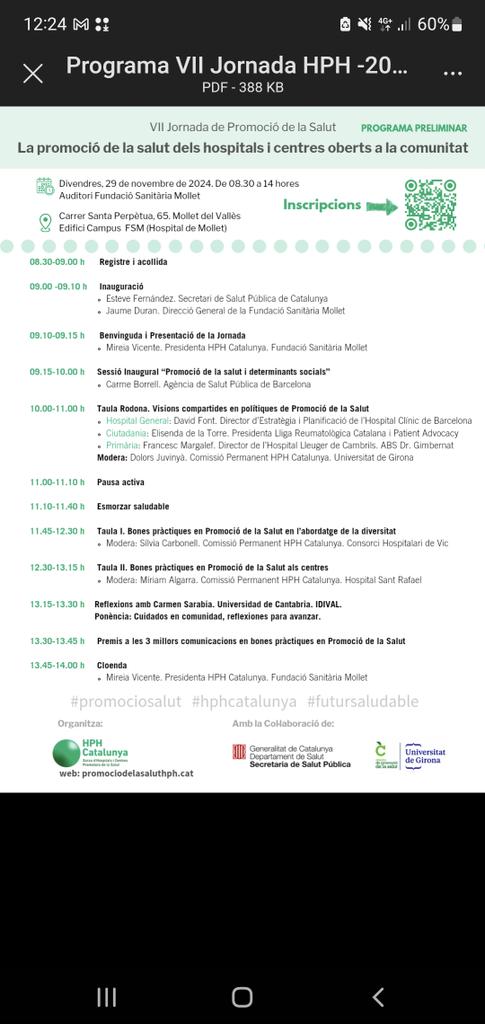 #hphcatalunya VII jornada Promoción de la salud #Mollet #promociosalut Un encuentro importante para hablar de Promoción de la Salud y la Comunidad en entornos sanitarios #salud #promociondesalud #futursaludable