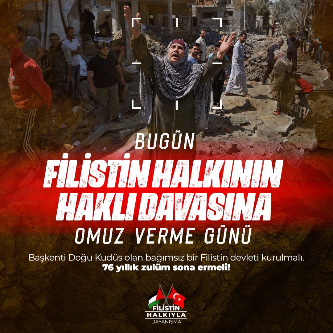 tulaygokcimen's tweet photo. Bugün Filistin halkının haklı davasına omuz verme günü!

Başkenti Doğu Kudüs olan 1967 sınırlarına dayalı tam bağımsız bir Filistin devleti kurulmalı, Filistin halkının hakları güvence altına alınmalı.

76 yıldır süren zulüm son bulmalı.

#FilistinHalkıylaDayanışma https://t.co/8lVqIg5I15