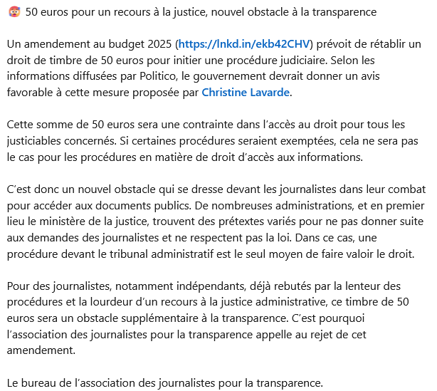 50 euros pour un recours à la justice, nouvel obstacle à la transparence
Un amendement au budget 2025 prévoit un droit de timbre de 50 euros pour initier une procédure judiciaire. Le  gouvernement devrait donner un avis favorable.  
linkedin.com/posts/associat…
