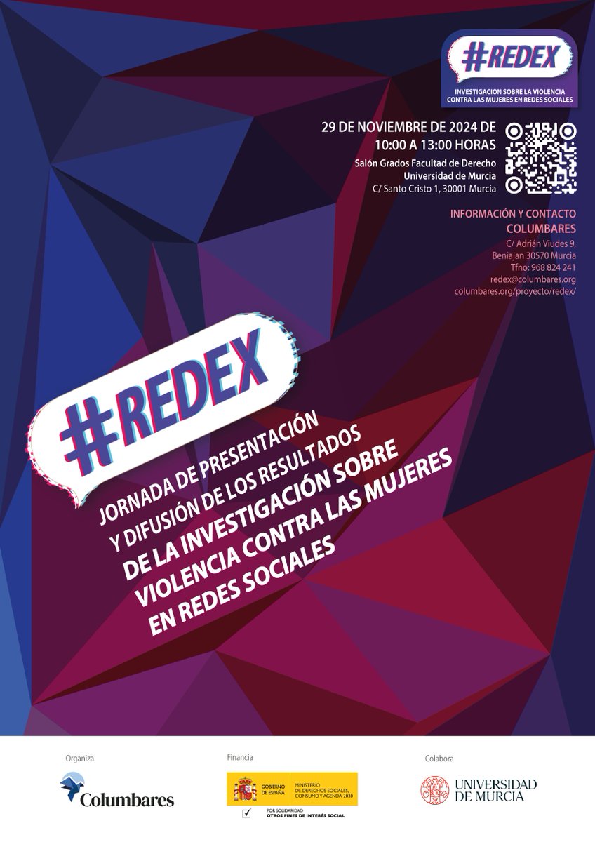 📢Jornada de presentación y difusión de los resultados de la investigación sobre violencia contra las mujeres en redes sociales del proyecto #REDEX (financiado por <a href="/MSocialGob/">Ministerio de Derechos Sociales, Consumo y A2030</a>) en la Facultad de Derecho de la <a href="/UMU/">Universidad Murcia</a>

Podéis seguir el evento 👇
tv.um.es/directo?s=19463