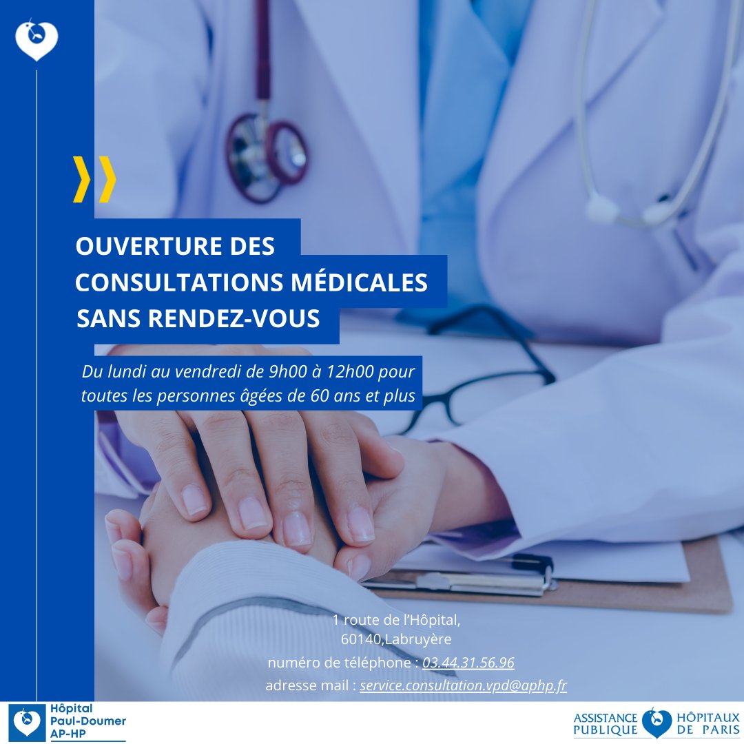 Hôpital Paul Doumer AP-HP (@pauldoumeraphp) on Twitter photo NOUVEAU
Dès le 2 décembre 2024, l’Hôpital Paul-Doumer propose des consultations sans rendez-vous pour les 60 ans et + !
📍 1 rue de l'Hôpital, 60140 Labruyère
🕘 Lun-Ven, 9h-12h
📞 03 44 31 56 96 |
✉️ service.consultation.vpd@aphp.fr
Présentez-vous directement aux admissions. NOUVEAU
Dès le 2 décembre 2024, l’Hôpital Paul-Doumer propose des consultations sans rendez-vous pour les 60 ans et + !
📍 1 rue de l'Hôpital, 60140 Labruyère
🕘 Lun-Ven, 9h-12h
📞 03 44 31 56 96 |
✉️ service.consultation.vpd@aphp.fr
Présentez-vous directement aux admissions.
