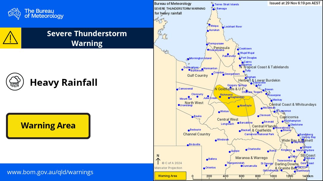 BOM_Qld's tweet photo. ⚠️⛈️#SevereThunderstorm Warning for HEAVY RAINFALL now updated to include
parts of the Central Highlands & Coalfields forecast district. #Gemfields region will be a watchpoint later this evening & overnight as storms move southward. Warning details: https://t.co/tae3N8wY8e https://t.co/NYRshCbF4q